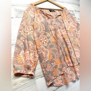 ANA Paisley Long Sleeve Blouse Orange Gray Womens Size Small Career Top